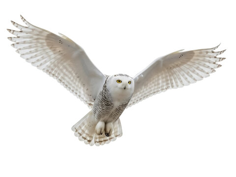 Isolated snowy owl flying with wings outstretched, nature birdlife predator with bright yellow eyes