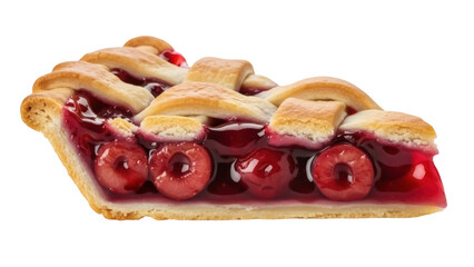 Isolated slice of a cherry pie with lattice pastry on top, in bright daylight, mouth-watering
