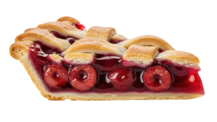 Isolated slice of a cherry pie with lattice pastry on top, in bright daylight, mouth-watering