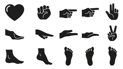 Black silhouette icons of heart hands and feet for design elements