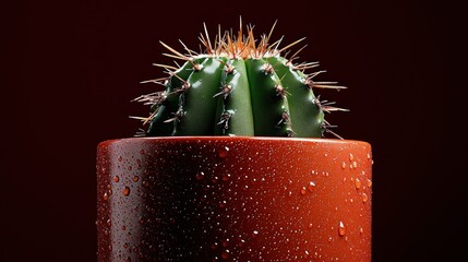 A small round cactus with sharp spines sits in a terracotta pot with water droplets against a dark red backdrop