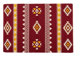Isolated woven textile floor mat with Aztec motifs, colorful design, soft fabric material