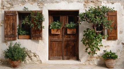 Rustic facade of a building with weathered wooden door, shutters, and flowering plants in pots and window boxes