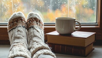 A serene, intimate close-up: chunky, hand-knitted wool socks adorn feet, propped near a rain-streaked windowpane. Beside them, an oversized ceramic mug steams gently next to a comforting stack of well