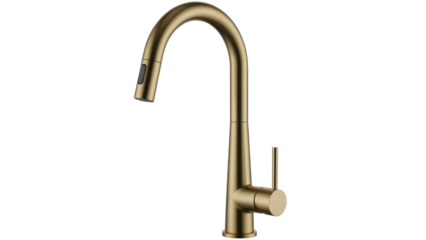 Isolated gold pull-down kitchen faucet with single handle, contemporary home fixture in brass