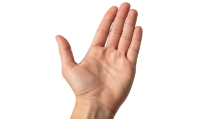 Isolated human hand reaching out, skin tones, neutral gesture of stop, or greeting