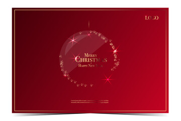 Christmas card invitation, golden stylized ball on a red background, elegant VIP invitation