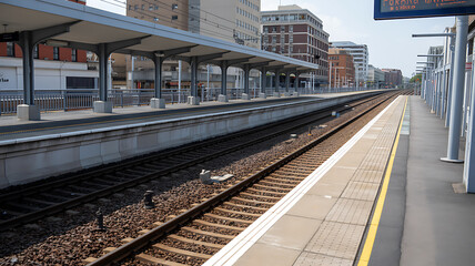 Empty Train Station Platform with Tracks and Overhanging Roof Structure railway