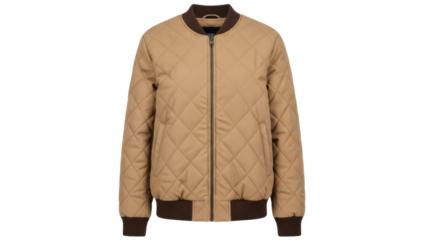 Isolated quilted bomber jacket in beige with a brown ribbed collar and hemline outerwear