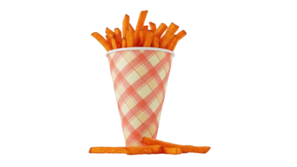 Isolated Sweet potato fries in a takeout container, orange, healthy food for kids and adults.