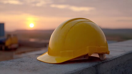 A yellow hardhat rests on a concrete ledge against a sunset sky at a construction site