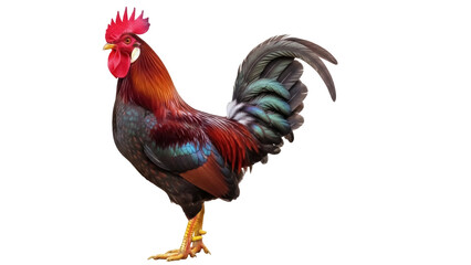 Isolated multicolored rooster standing proudly in a studio with vibrant plumage details
