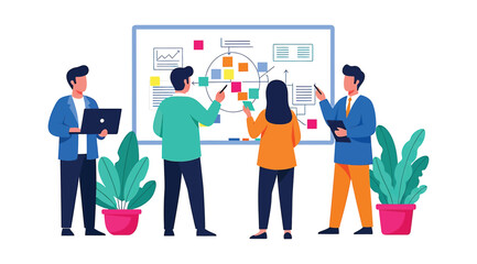 Illustration of four professionals in front of whiteboard filled with sticky notes, charts, and diagrams, symbolizing brainstorming, planning, and teamwork in a modern collaborative office setting