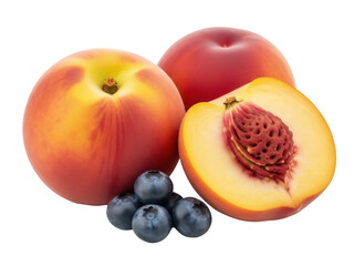 Isolated still life of peach, peach half, and blueberries, studio shot, nutrition diet fruit