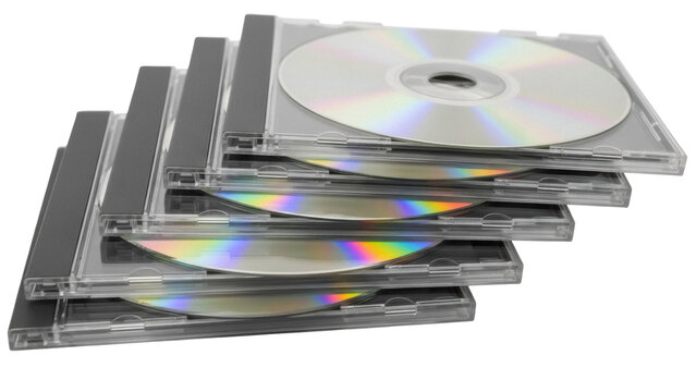 Isolated Stack of CDs in Cases, Media Storage Device, Holographic Rainbow, Data Storage Concept
