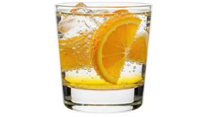 Isolated cool refreshing glass drink, tonic with bubbly sparkling water and slice of orange fruit