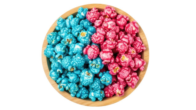 Isolated sweet colorful kettle corn, delicious gourmet popcorn in bowl against plain background