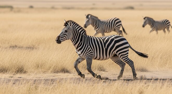 Three zebras running across a dry grassy plain in a wildlife reserve.