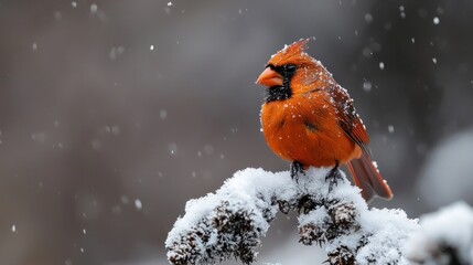 A vibrant red bird perches on a snow-covered branch during a gentle snowfall, its feathers puffed against the cold