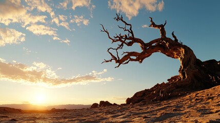 An ancient, gnarled tree perched on a desolate hill, silhouetted against a radiant sunset sky. Desert landscape