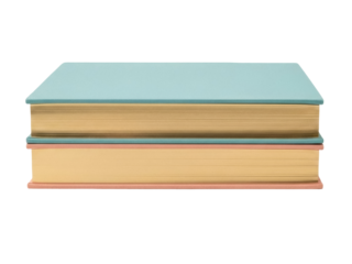 Isolated shot of two stacked books, one light blue and one tan with pages, for reading or studying