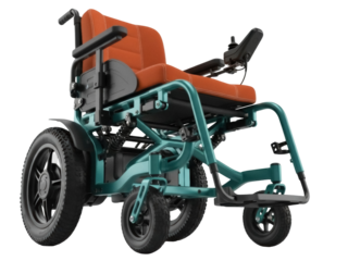 Isolated all-terrain electric wheelchair with orange upholstery for extreme conditions riding