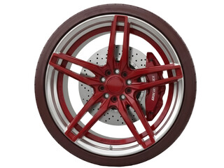 Obraz premium Isolated automotive wheel shows luxury car rim with custom red paint finish and tire detail