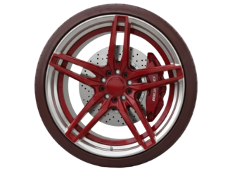 Isolated automotive wheel shows luxury car rim with custom red paint finish and tire detail
