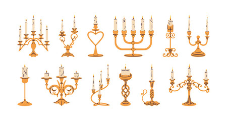 Set of vintage candelabras. Multiple brass candleholders. Gold candelabrums, candlesticks. Candles with burning fire. Antique decoration. Flat isolated vector illustrations on white background