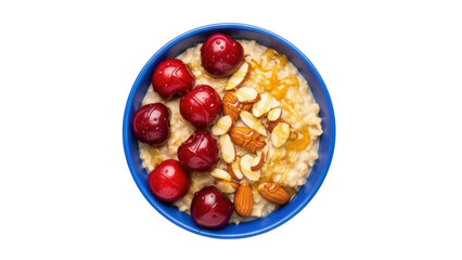 Isolated Blue bowl of oatmeal, cherries, sliced almonds, honey for breakfast or dessert