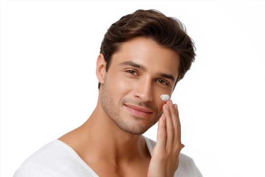 Young man applying gentle cosmetic cream to his face in a close-up studio shot, showcasing skincare routine and healthy skin, with soft lighting and smooth textures - Powered by Adobe