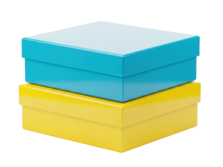 Isolated stack of two rectangular boxes, blue and yellow, for organizing, shipping gifts