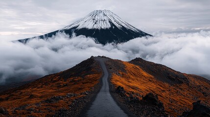 A winding path ascends a ridge with autumn colors. A snow-capped peak rises majestically through thick, low-lying clouds