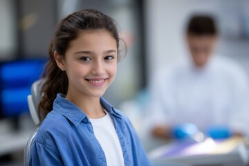 Cheerful young girl in dental chair smiling brightly, showcasing a positive experience during dental visit with dentist in background, promoting oral health and care