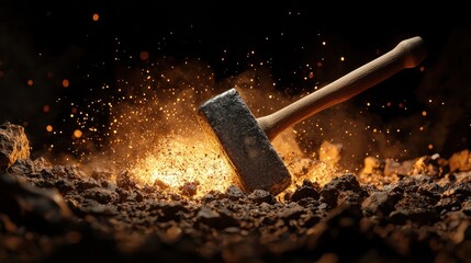 A heavy hammer impacts a rocky surface, creating a dynamic explosion of fiery sparks against a dark backdrop