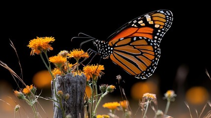 A vibrant monarch butterfly with orange and black wings, perched atop a weathered fence post covered in yellow wildflowers, set against a dark background