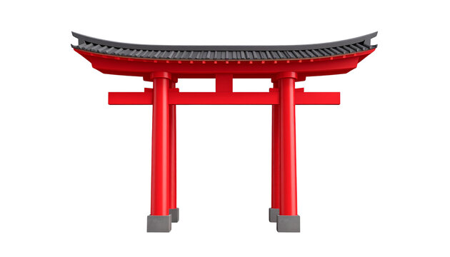 Japanese red wooden torii gate and ancient pagoda architecture isolated on white background