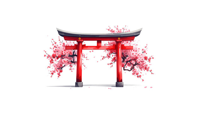 Japanese red wooden torii gate and ancient pagoda architecture isolated on white background