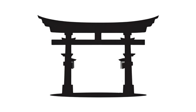 Japanese red wooden torii gate and ancient pagoda architecture isolated on white background