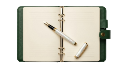 Isolated leather-bound journal, diary open with pen, gold trim; stationery flat lay, desk planning