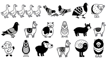 Obraz premium Cartoon animal assortment black and white illustrations for design projects
