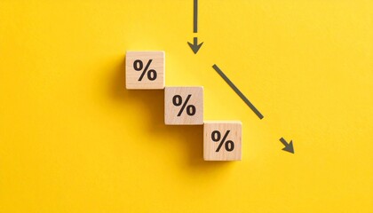 Wooden blocks on yellow—four with percent signs, one with up/down arrows—arranged in descending steps—symbolizing fluctuation, metrics, and the rhythmic tension of financial movement and trend analysi
