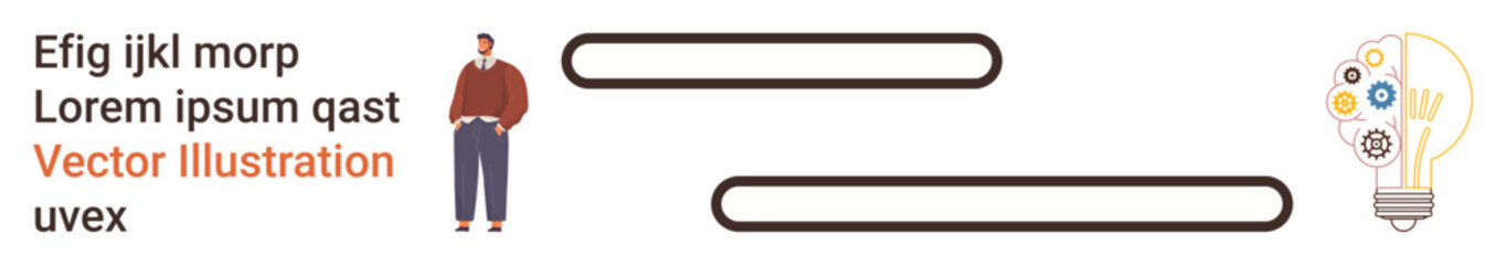 Innovation, brainstorming, creativity, entrepreneurship, idea generation, team collaboration. A man standing next to abstract text and an illuminated light bulb with icons. Innovation