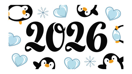 2026 Festive Illustration with Penguins and Hearts: a delightful illustration for celebrating the New Year with penguins, hearts and snowflakes!
