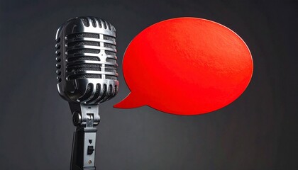 Professional microphone with red speech bubble—dark textured backdrop—symbolizing voice, presence, and the expressive rhythm of communication, media, and spoken identity.