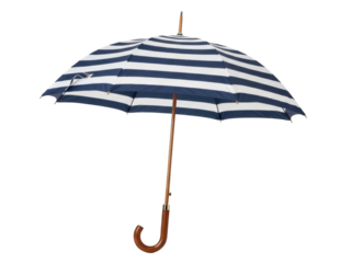 Isolated Open Umbrella with Horizontal Stripes Pattern, Wooden Handle and Top Ornament