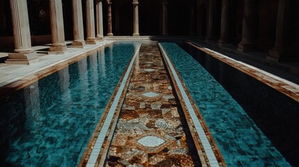 Long, rectangular pool with a mosaic walkway flanked by columns. Sunlight casts shadows on the water's surface