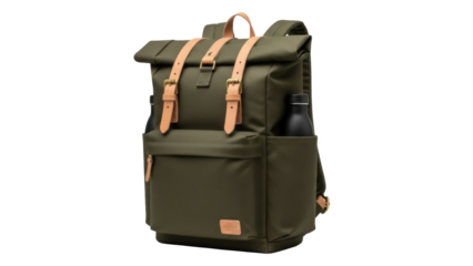 Isolated green rolltop backpack with tan leather straps on top and water bottles in pockets