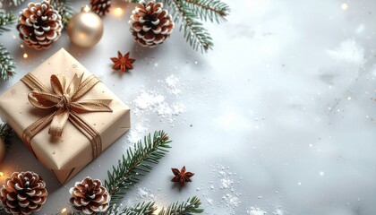 Obraz premium Christmas decoration made of natural materials in shades of beige and brown with a gift, baubles, pine cones and spruce branches