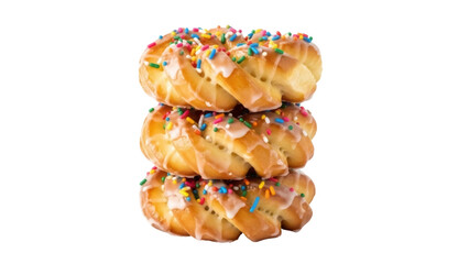 Isolated stack of three iced and sprinkled doughnuts, bakery item, sweet food and treat